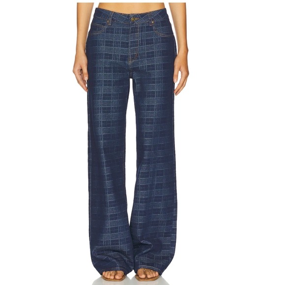 Lioness Denim - Lioness Top Model Jeans Indigo Plaid Wide Leg High Waisted Denim Pants Small